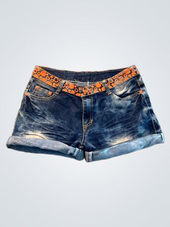 Denim Shorts with Orange Circle Pattern
