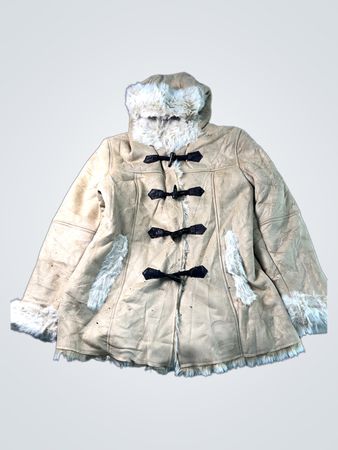 Coldwater Creek Women's S Beige Faux Suede Fur Lined Hooded Toggle Coat
