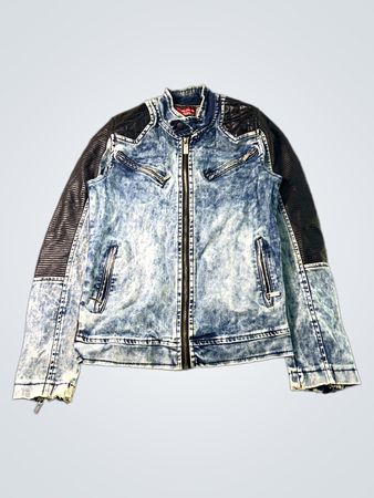 DJ PLUS Acid Wash Denim Jacket with Faux Leather Sleeves