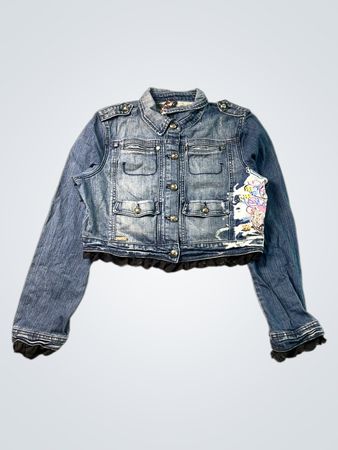 Veste en jean Akompliks avec finition en dentelle et imprimé graphique