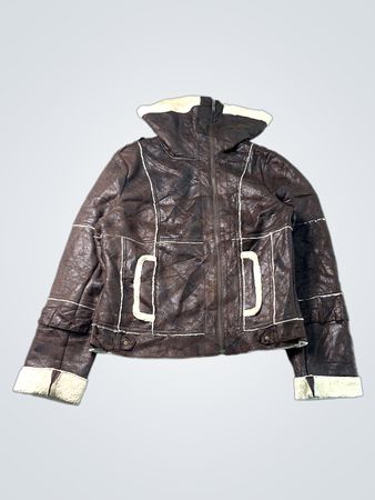 Brown Faux Leather Jacket with White Trim