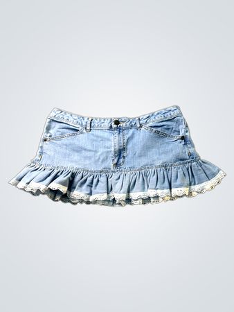 Upcycled St. John's Bay Petite Stretch-Jeansrock mit Spitzenbesatz