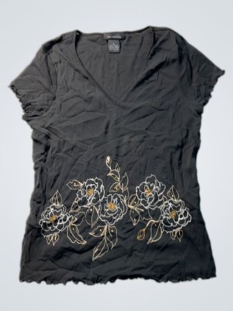 THE LIMITED Schwarzes V-Ausschnitt Oberteil mit Blumenstickerei und kurzen Ärmeln