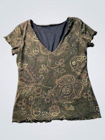 Grünes Paisley-Muster V-Ausschnitt-Top mit Rüschenrand