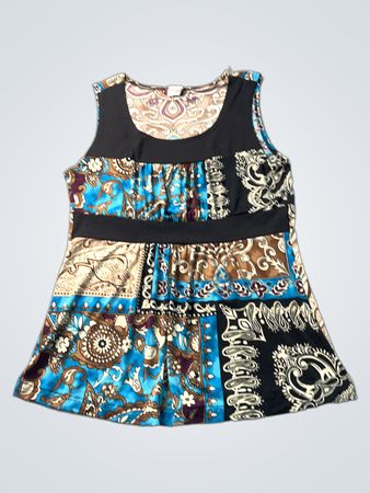 Shyla Damen ärmelloses Tunika-Oberteil mit blau-braunem Paisley-Muster