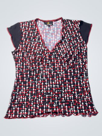 Karv Klass Damen Top mit V-Ausschnitt in Rot, Weiß und Schwarz mit Polka-Dots