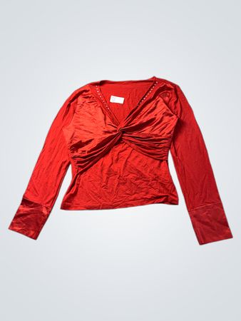 Rotes gerafftes Twist-V-Ausschnitt-Longsleeve-Shirt