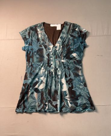 WORTHINGTON Damen Oberteil mit V-Ausschnitt, kurzärmelig, blaues Blumenmuster
