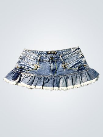 980 Denim Volant-Minirock mit Spitzenbesatz