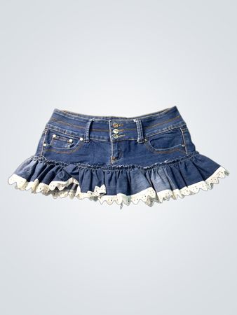 Damen-Jeans-Minirock mit Rüschen und Spitzenbesatz