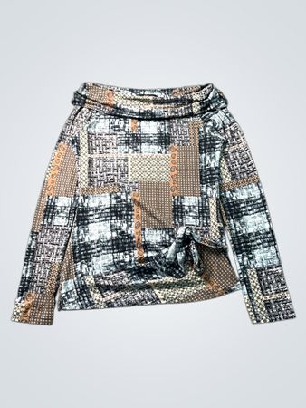 Talco Damen Oberteil mit Patchwork-Muster, langen Ärmeln, schulterfreiem Schnitt und vorn gebundenem Saum