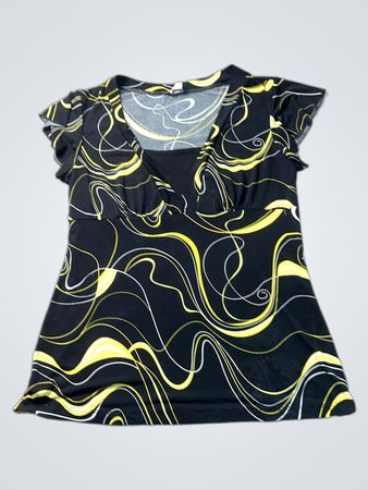 Schwarzes und gelbes T-Shirt mit abstraktem Druck