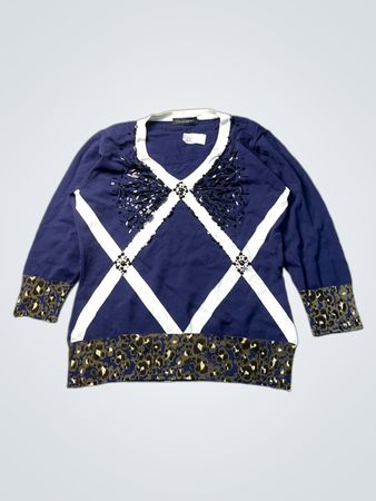 Cecilia benetti blauer Pullover mit weißen und Leopardenmuster-Akzenten