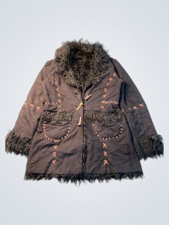 Black coat with faux fur trim and decorative stitching