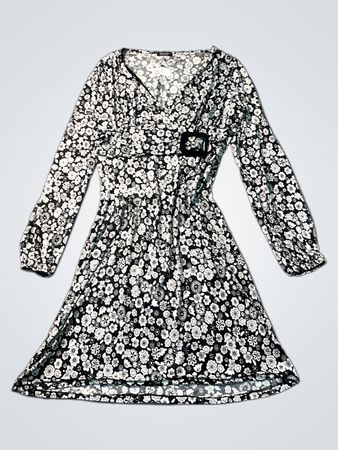 ME & ME Women's Black & White Floral Print Long Sleeve Dress