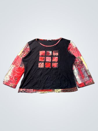 Patrice Breal Black Multi-Color Patchwork Print Top Size 4