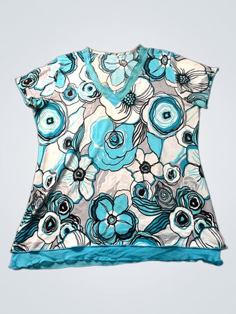 T-Shirt mit V-Ausschnitt und Blumenmuster sowie gestuftem Saum