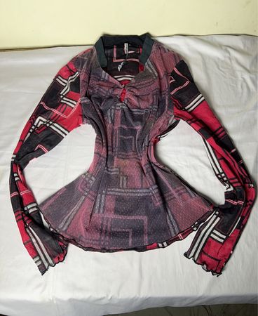 JUST LIVING Plaid Mesh Long Sleeve Top