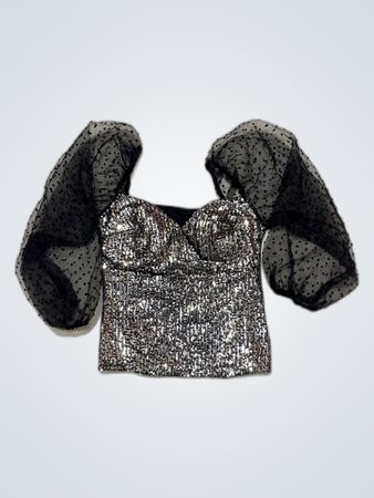 Sequined Crop Top with Sheer Puff Sleeves