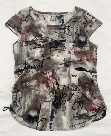 Women’s Short Sleeve Gray Shirt with Black and Red Script