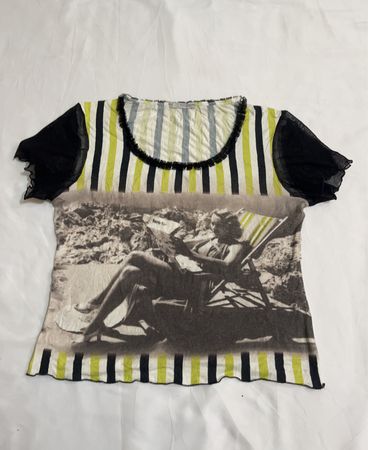 rosarosam Striped Top with Black Sleeves and Vintage Photo Print