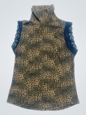 Brown leopard print sleeveless top with black lace trim