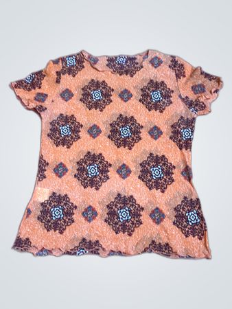 Peach Short Sleeve Top with Blue and Brown Pattern