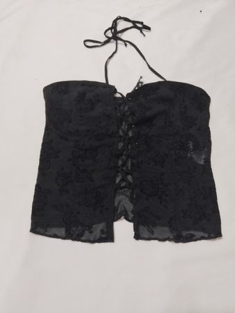 Schwarzes Spitzen-Corsage-Top mit floralem Muster und Schnürung vorne