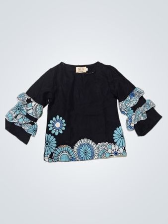 MUAZ Das Feinste Qualitätsmarkenzeichen Schwarzes Oberteil mit Floral-Rüschensäumen