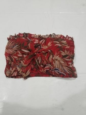 Red floral print smocked tube top with tie front