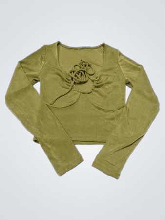 Grünes gerafftes Krawatten-Front Langarm-Crop-Top
