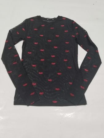 Stradivarius Schwarzes Netz Lippen Druck Langarm Oberteil
