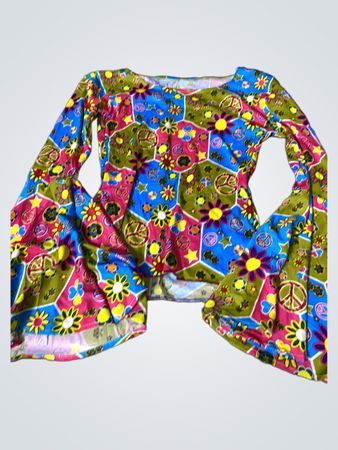 Hippie Flower and Peace Sign Print Bell Sleeve Top