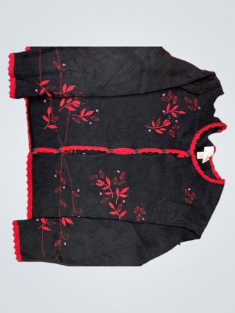 Christopher & Banks Black Knit Top with Red Trim and Floral Embroidery