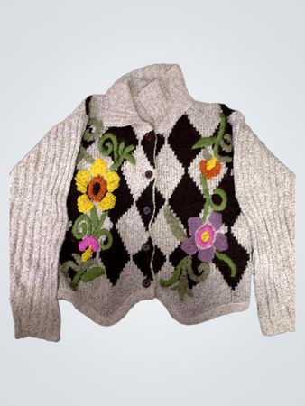 Gray Knit Sweater with Floral Design