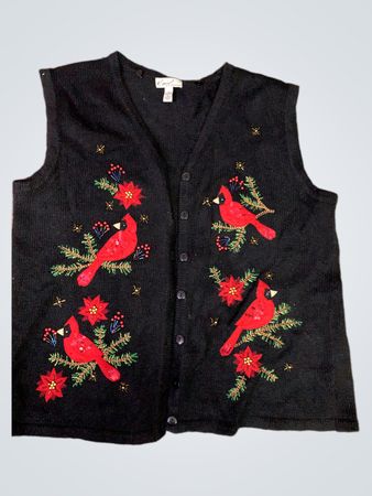 Kim Rogers Black Knit Vest with Embroidered Cardinals