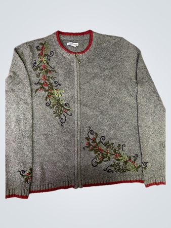 Gray Sweater with Red Trim and Floral Embroidery
