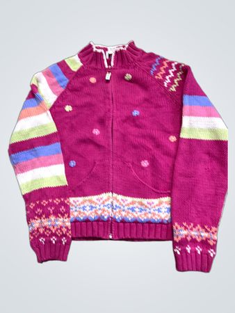 Talbots Kids Rosa Zip-Up Pullover mit floralen Stickereien und gestreiften Ärmeln
