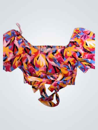 Sinsay Abstract Print Puff Sleeve Tie Front Crop Top