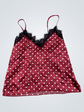 Maroon gepunktetes Slip-Kleid mit schwarzem Spitzenbesatz