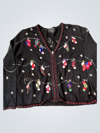 Planet & Company Petite Black Christmas Stocking Embroidered Zip-Up Sweater