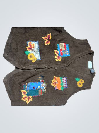 LEMON GRASS Brown Embroidered Button-Front Vest with Fall Appliques