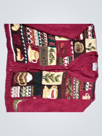 Red knitted cardigan with patchwork designs