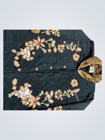 Storybook Knits Black Cardigan with Floral Embroidery and Fur Trim
