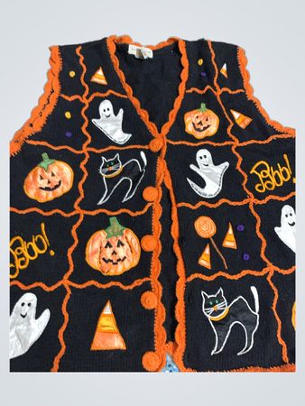 Yarnworks Halloween Black Orange Pumpkin Ghost Cat Sweater Vest