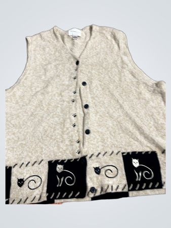 Christopher & Banks Women's Beige Sleeveless Vest with Cat Print
