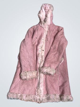 Pink hooded coat with faux fur trim