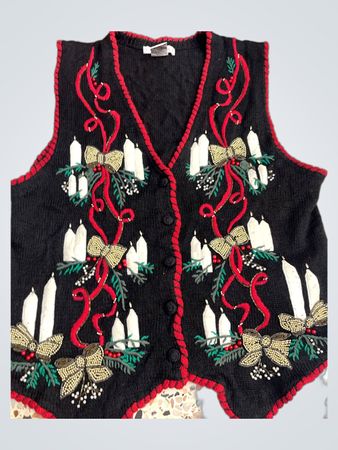Victoria Jones Damen schwarzes Weihnachtsweste mit Schleifen und Bändern
