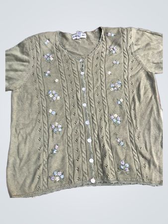 Alfred Dunner Damen L Grüner Floral Bestickter Knopf-Cardigan
