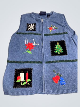 CRAZY HORSE Blauer Weihnachts-Pullover-Weste mit gestickten Feiertagsmotiven